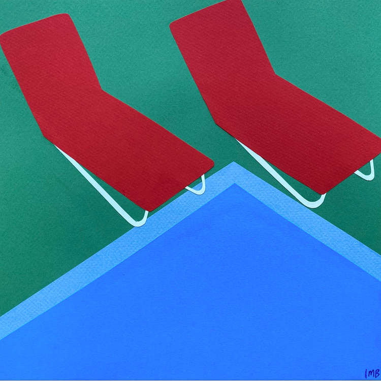 painting of red chairs and pool