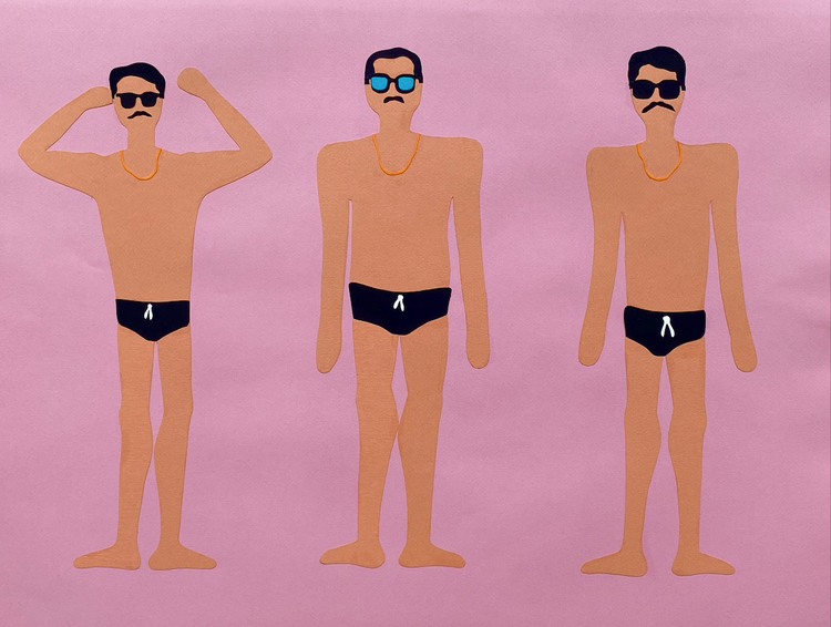 painting of three men in a bathing suit on pink background