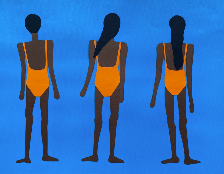 painting of three black woman in orange bathing suit
