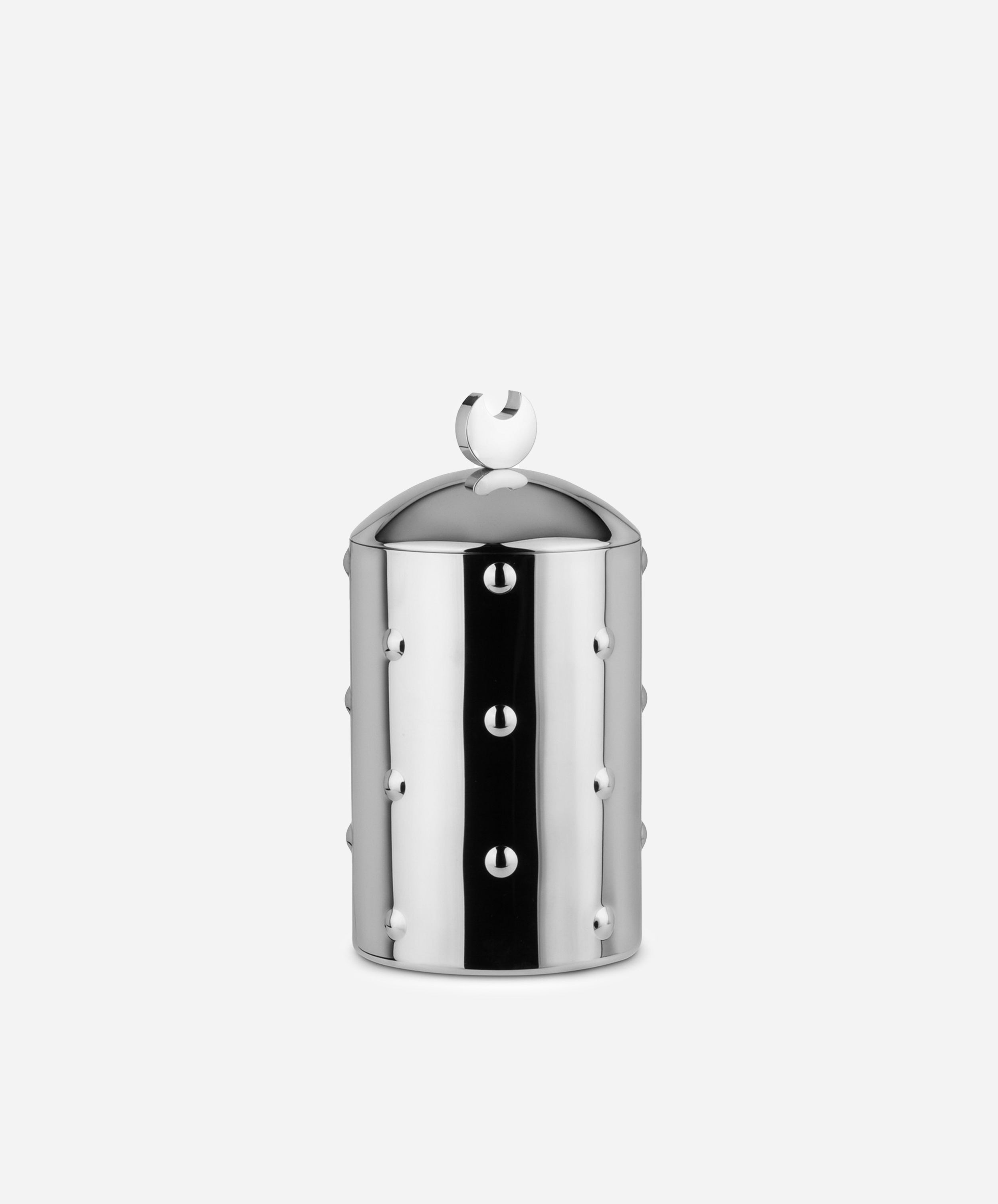 The Kalisto Kitchen Box, a cylindrical stainless steel container with a domed lid and circular cutout accents, is part of the Italian-crafted Kalisto Boxes collection and is shown against a plain white background.
