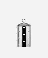 The Kalisto Kitchen Box, a cylindrical stainless steel container with a domed lid and circular cutout accents, is part of the Italian-crafted Kalisto Boxes collection and is shown against a plain white background.