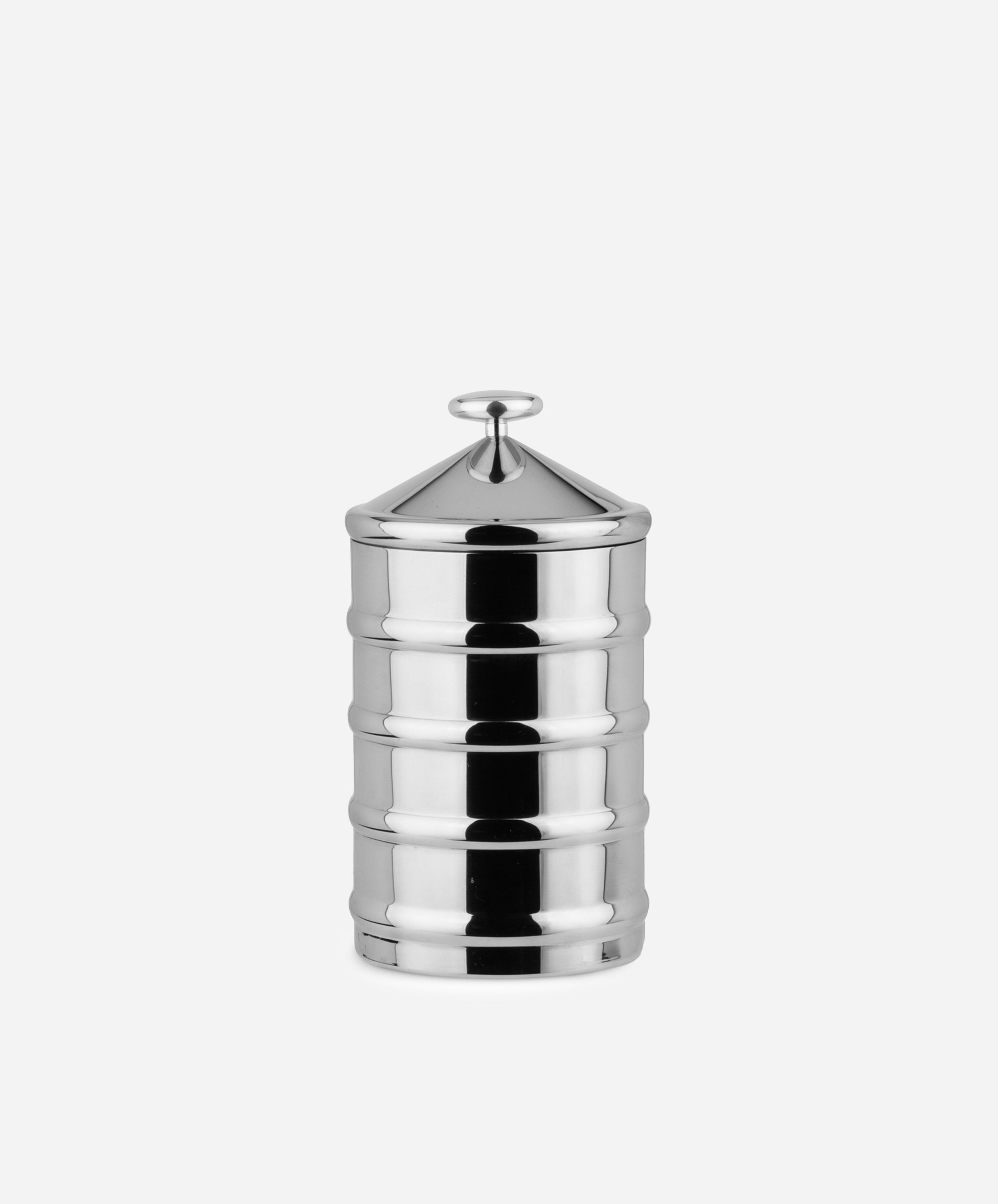 The Kalisto Kitchen Box is a cylindrical, silver-toned metal container with a ribbed design and loop handle, Italian-crafted to sit elegantly against a white background.