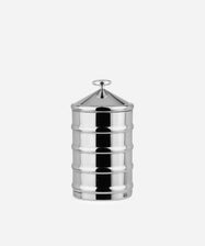 The Kalisto Kitchen Box is a cylindrical, silver-toned metal container with a ribbed design and loop handle, Italian-crafted to sit elegantly against a white background.