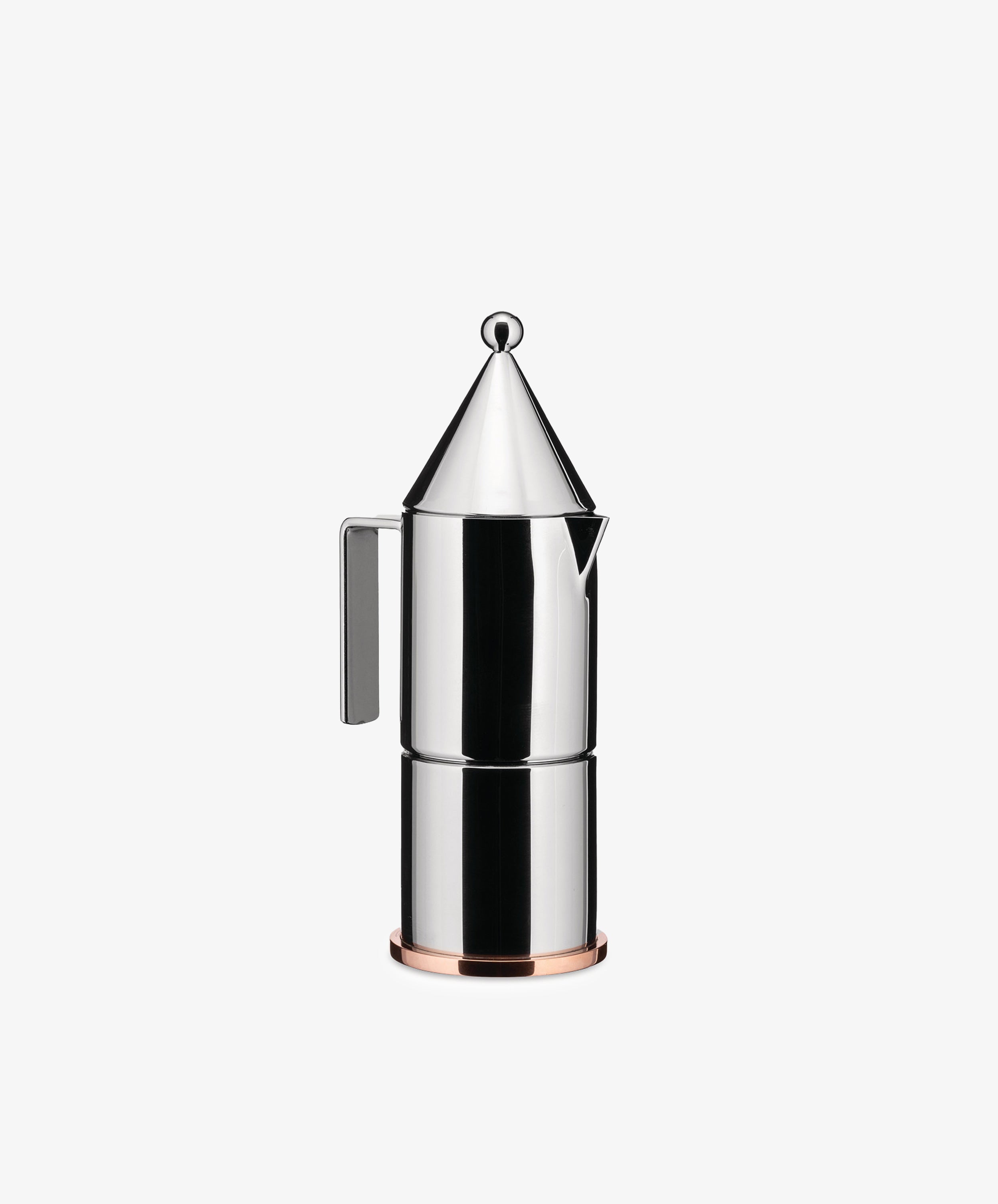 The La Conica Espresso Coffee Maker is positioned upright against a plain white background, showcasing its stainless steel design with a conical lid and side handle.