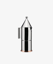 The La Conica Espresso Coffee Maker is positioned upright against a plain white background, showcasing its stainless steel design with a conical lid and side handle.