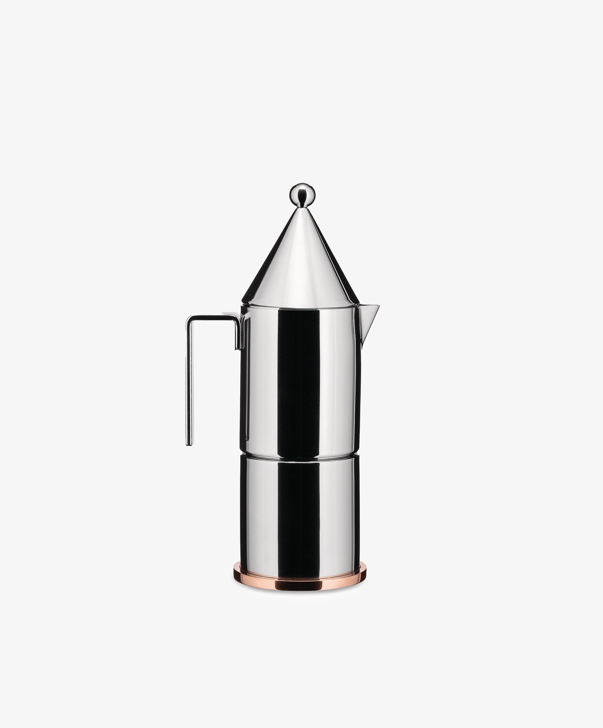 The La Conica Espresso Coffee Maker features a modern stainless steel design by Aldo Rossi, with a geometric cone-shaped lid and side handle, shown against a plain white background.