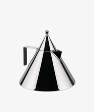 The Il Conico Kettle is a stainless steel teapot with a modern conical design, featuring a pointed lid, straight handle, and small spout for a sleek, sculptural look.
