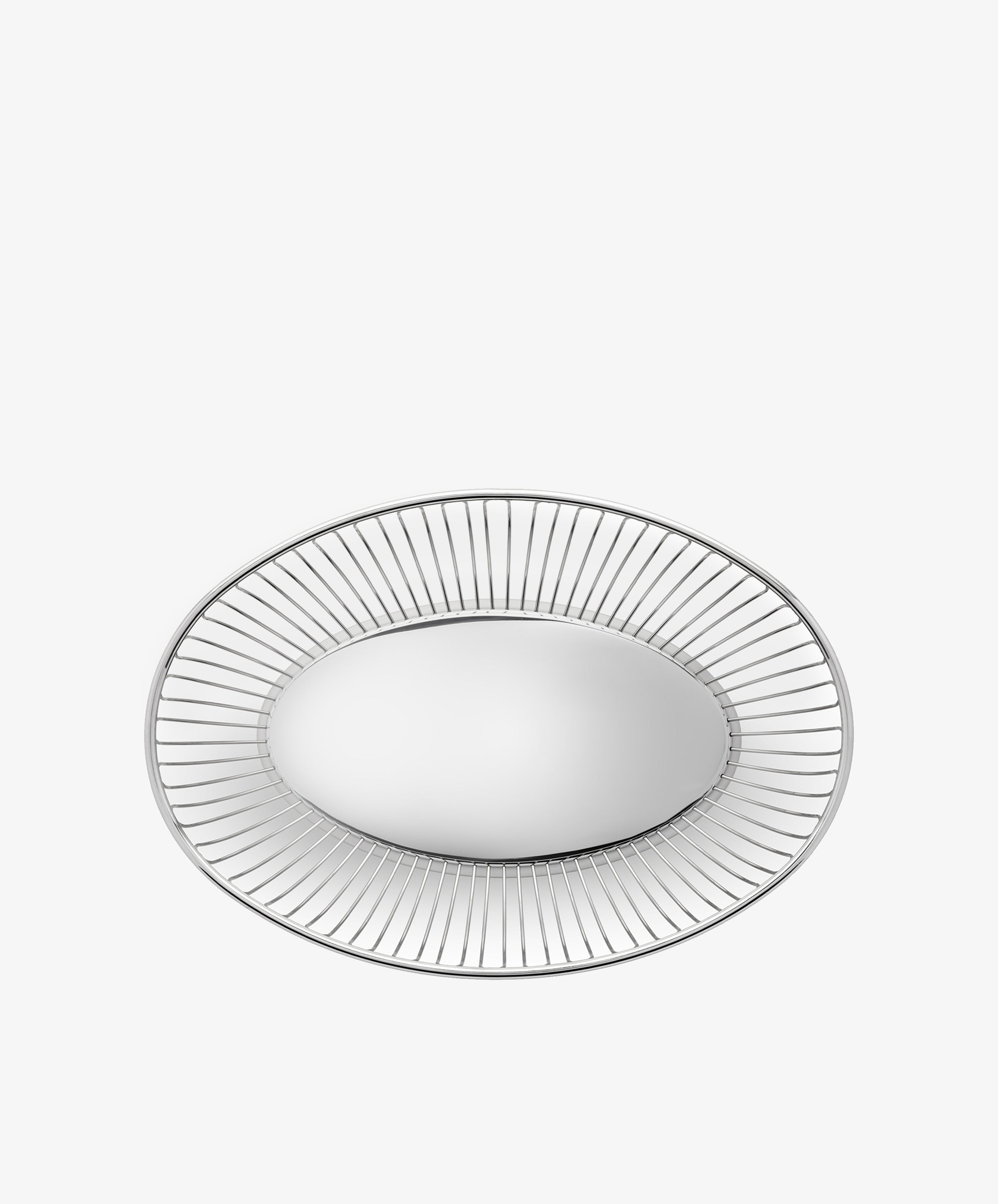 An Oval wire basket with a circular base and evenly spaced metal spokes forming the sides, photographed on a plain white background.