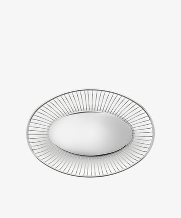 An Oval wire basket with a circular base and evenly spaced metal spokes forming the sides, photographed on a plain white background.