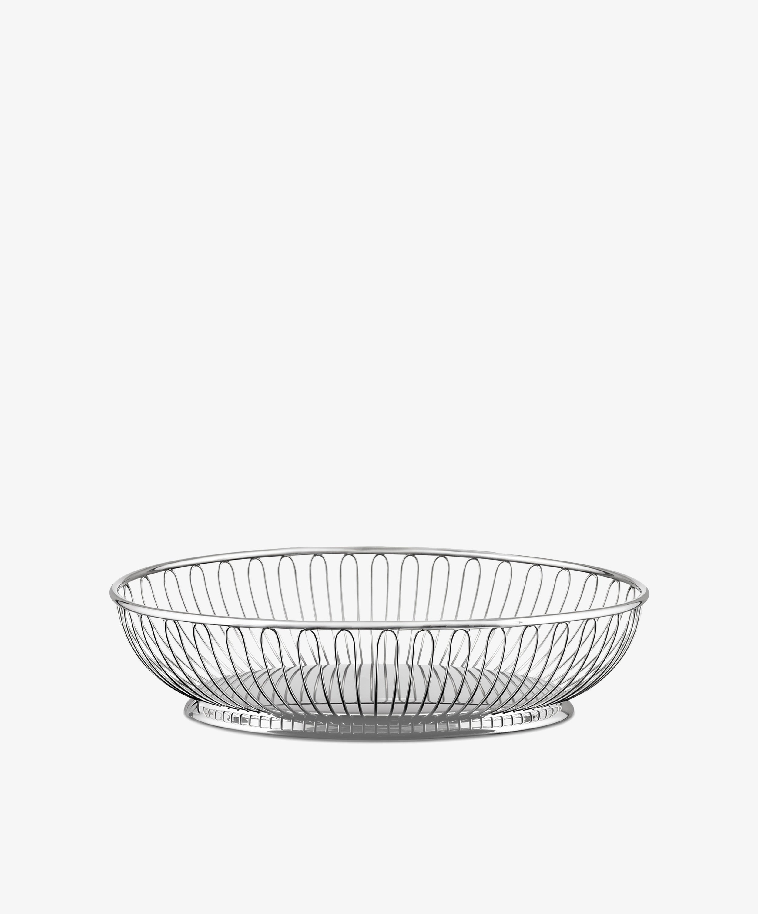 An oval wire basket with a shallow, open design is shown against a plain white background.