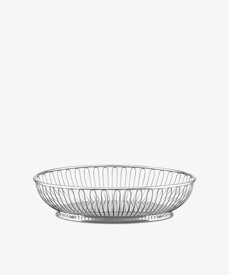 An oval wire basket with a shallow, open design is shown against a plain white background.