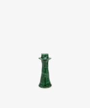 Angelita Candleholder. Single pillar holder in layered green glazed ceramic.
