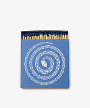 A blue box of Luxury Matches features a white spiral Magic Snake design and is partially open to reveal wooden matches with blue tips inside.