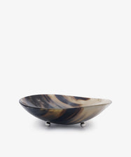 Curiosity Bowl 10: A shallow decorative bowl featuring a marbled brown and black pattern, set on three sterling silver ball feet—a unique addition to any rare collection.
