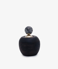 Curiosity Box 15, a round African wood box with a lid and a marbled black-and-white spherical handle, is displayed on a white background.