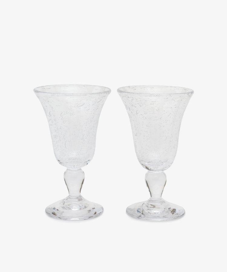 Lauren Wine Glass. Pair of clear bubble glass stemware glasses.