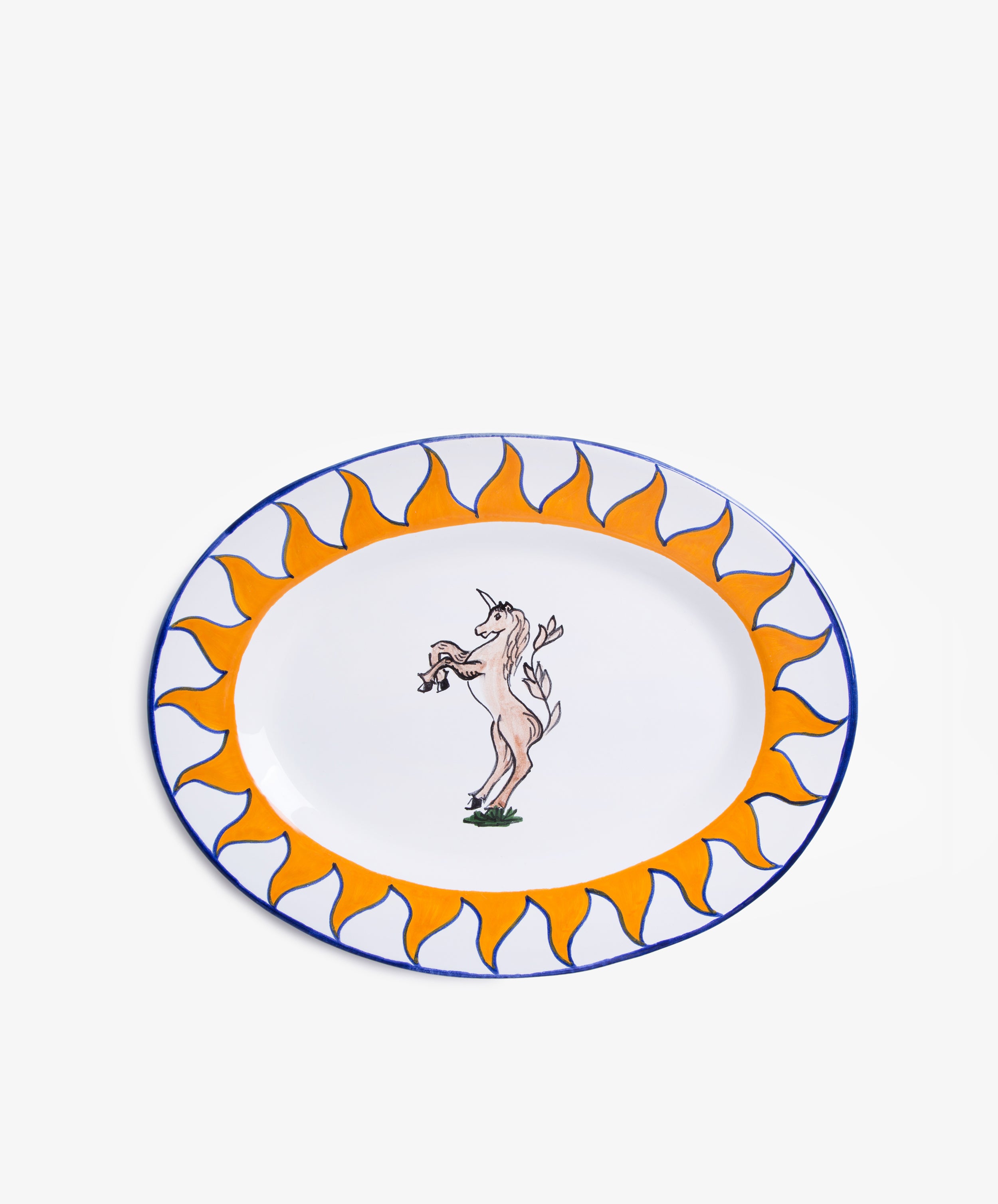 Palio Serving Platter. Glazed ceramic oval plate in orang and blue designs with unicorn motif.