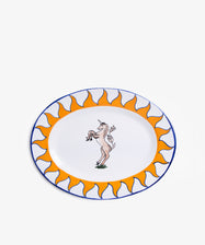 Palio Serving Platter. Glazed ceramic oval plate in orang and blue designs with unicorn motif.