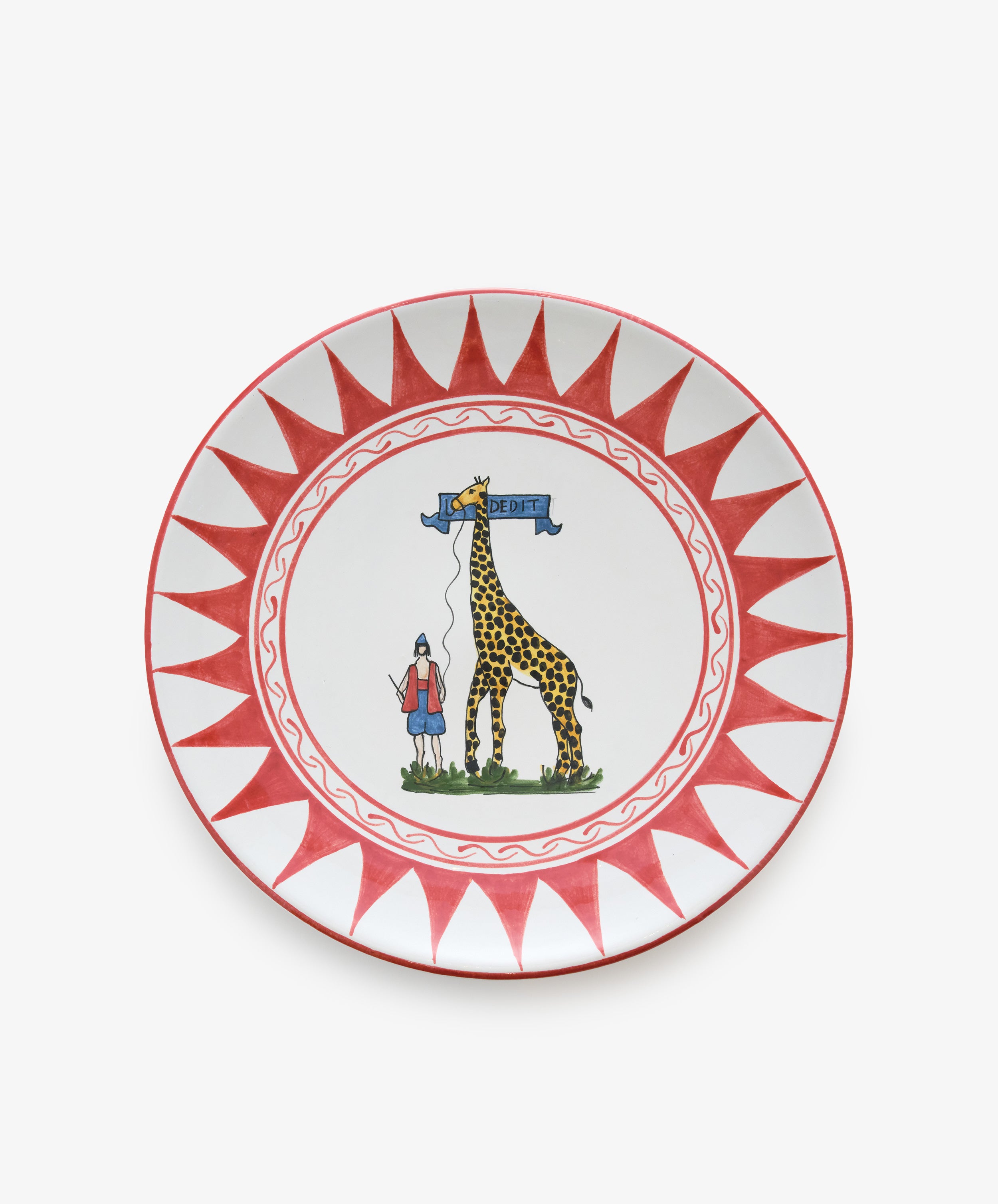Palio Round Serving Platter. Large white glazed ceramic plate with red accents and giraffe motif.