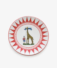 Palio Round Serving Platter. Large white glazed ceramic plate with red accents and giraffe motif.