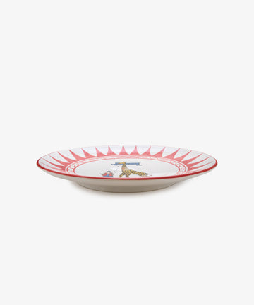 Palio Round Serving Platter. Large white glazed ceramic plate with red accents, side view.