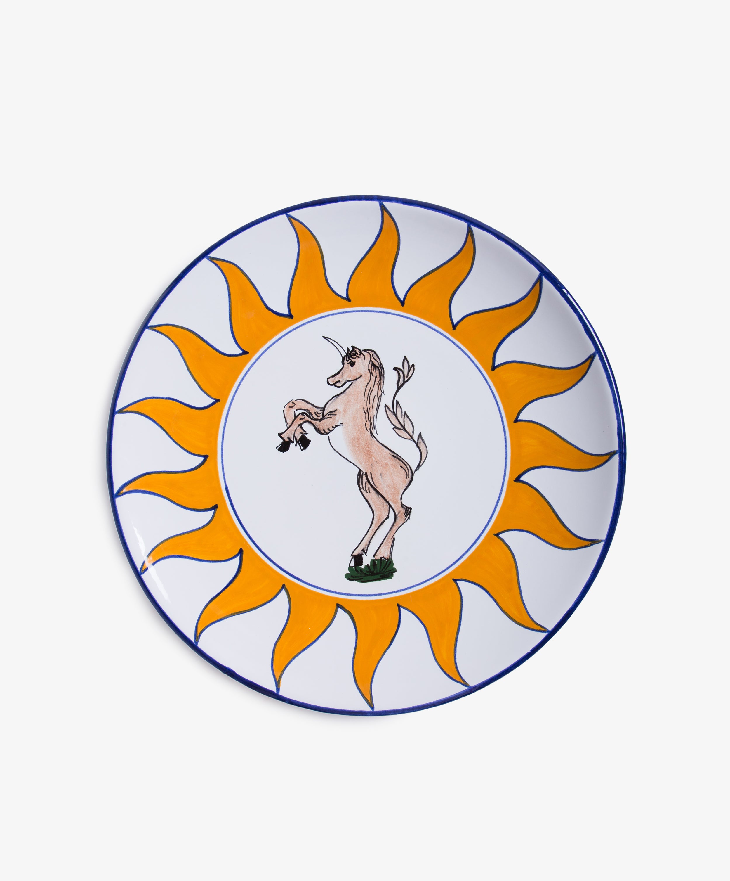 Palio Round Serving Platter. Large white glazed ceramic plate with orange and blue accents and unicorn motif.