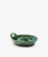 Balea Candle Holder. Green glazed round ceramic candleholder dish with small handle.