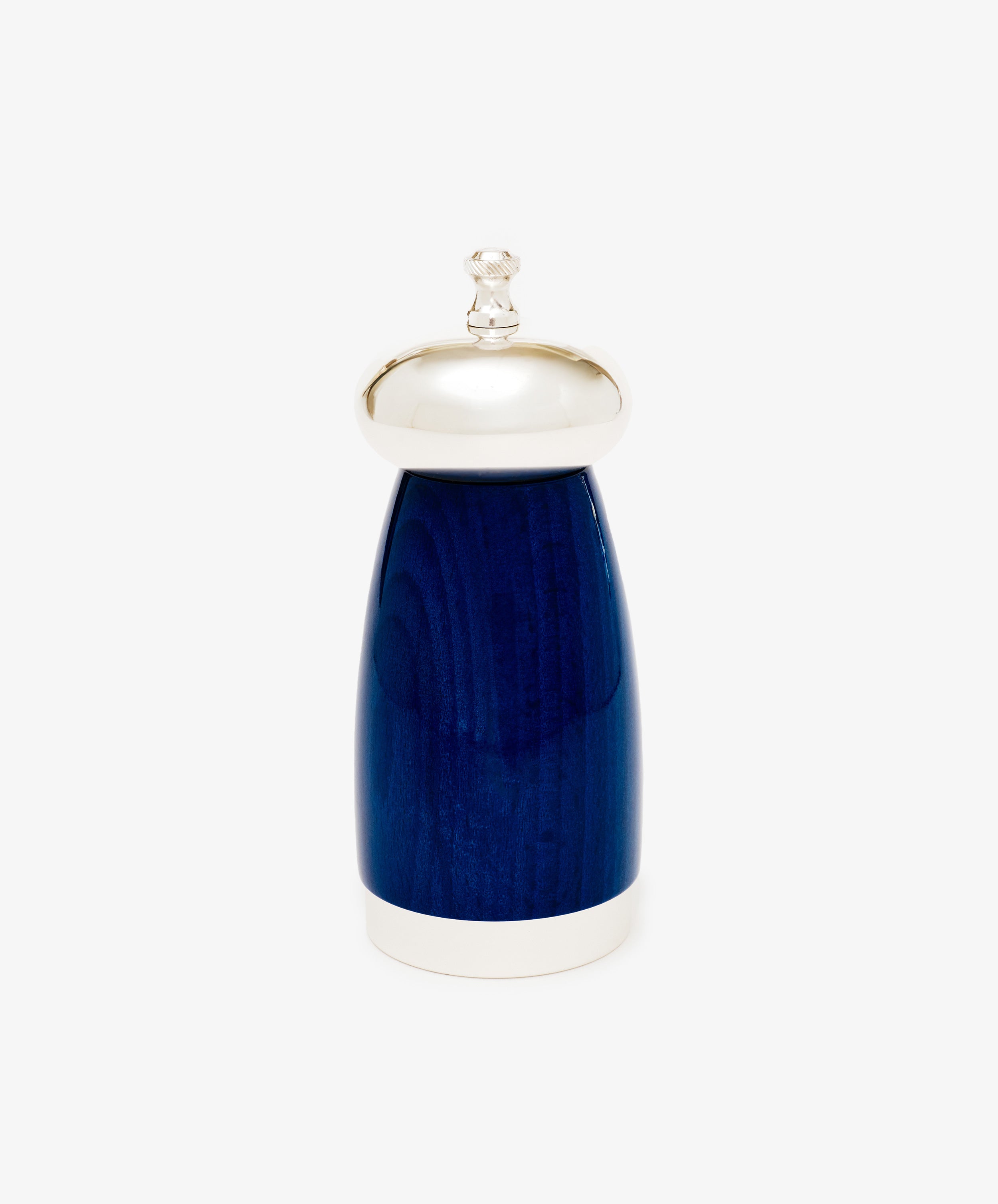 The Giorgio Pepper Mill, featuring a sleek Italian design in blue and silver with a metallic top and base, stands upright against a plain white background.