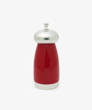 The Giorgio Pepper Mill, with its red and silver finish, rounded top, and Italian design, is showcased against a plain white background.