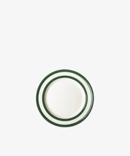 The Betty Breakfast Plate features a round white design with two green concentric rings near the rim, inspired by classic UK West Country pottery and displayed on a plain white background.