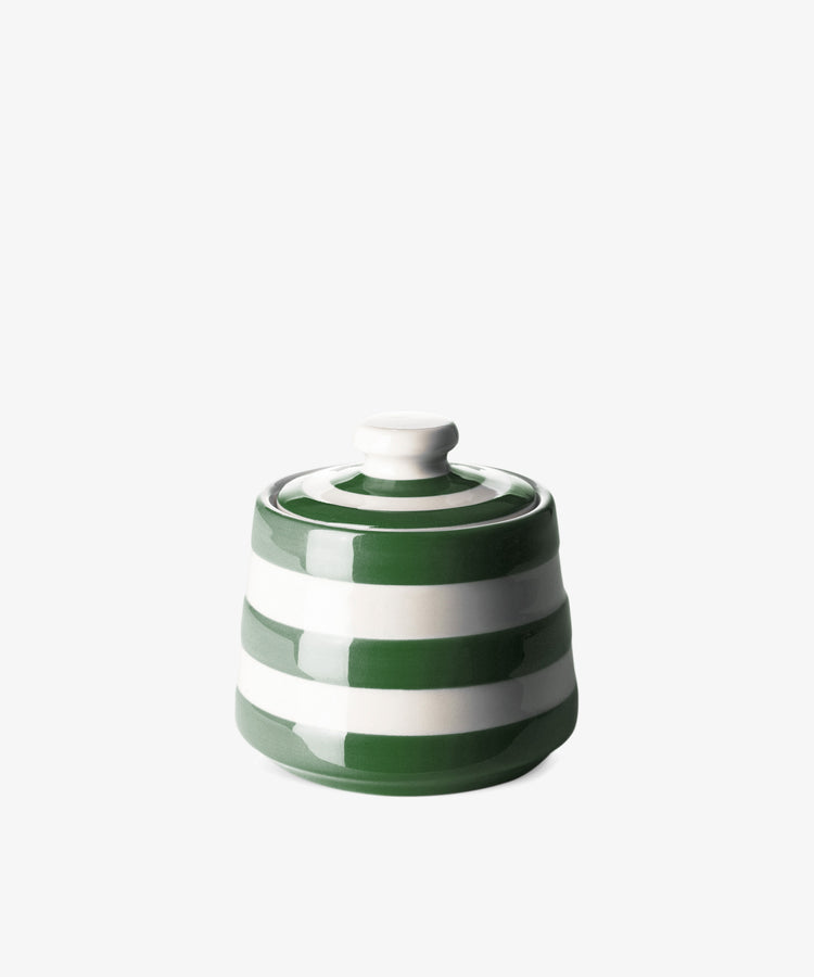 The Betty Sugar Bowl with Lid, featuring green and white horizontal stripes, is shown against a plain white background.