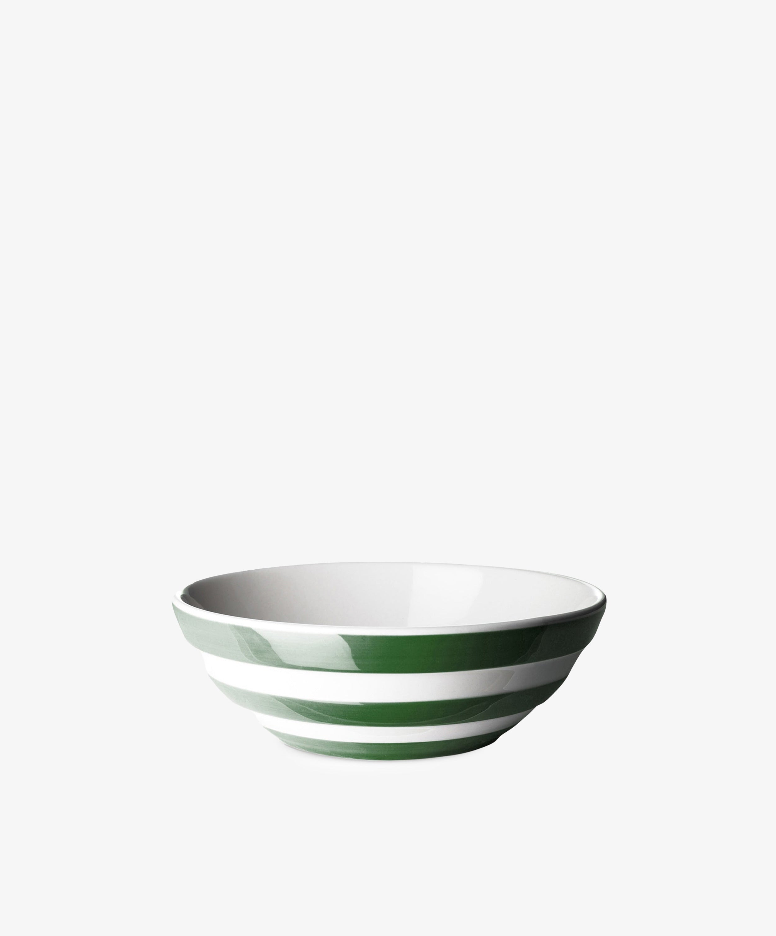 The Betty Cereal Bowl features green and white horizontal stripes inspired by UK West Country pottery, shown on a plain white background.