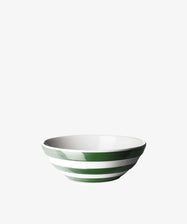 The Betty Cereal Bowl features green and white horizontal stripes inspired by UK West Country pottery, shown on a plain white background.
