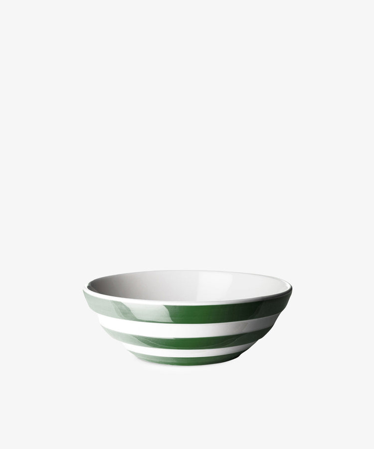 The Betty Cereal Bowl features green and white horizontal stripes inspired by UK West Country pottery, shown on a plain white background.