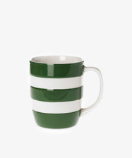 The Betty Mug showcases dark green and white horizontal stripes with a white handle, inspired by classic West Country pottery, displayed on a plain white background.