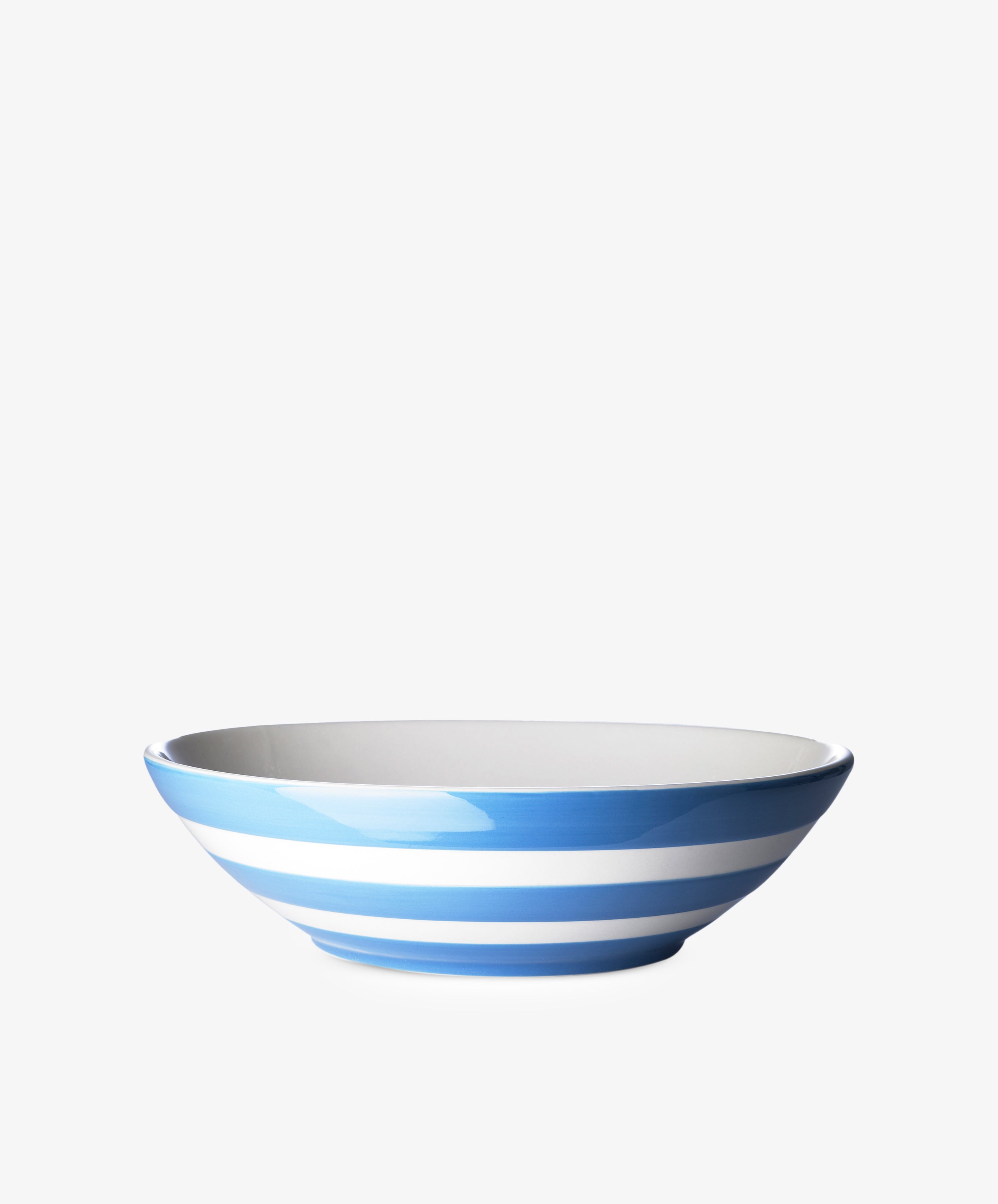 Betty Large Serving Bowl by T.G. Green. Wide, shallow Cornish stoneware bowl with blue and white stripes.