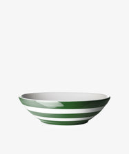 The Betty Large Serving Bowl is a shallow ceramic bowl with a wide shape, featuring bold green and white stripes, displayed on a plain white background.