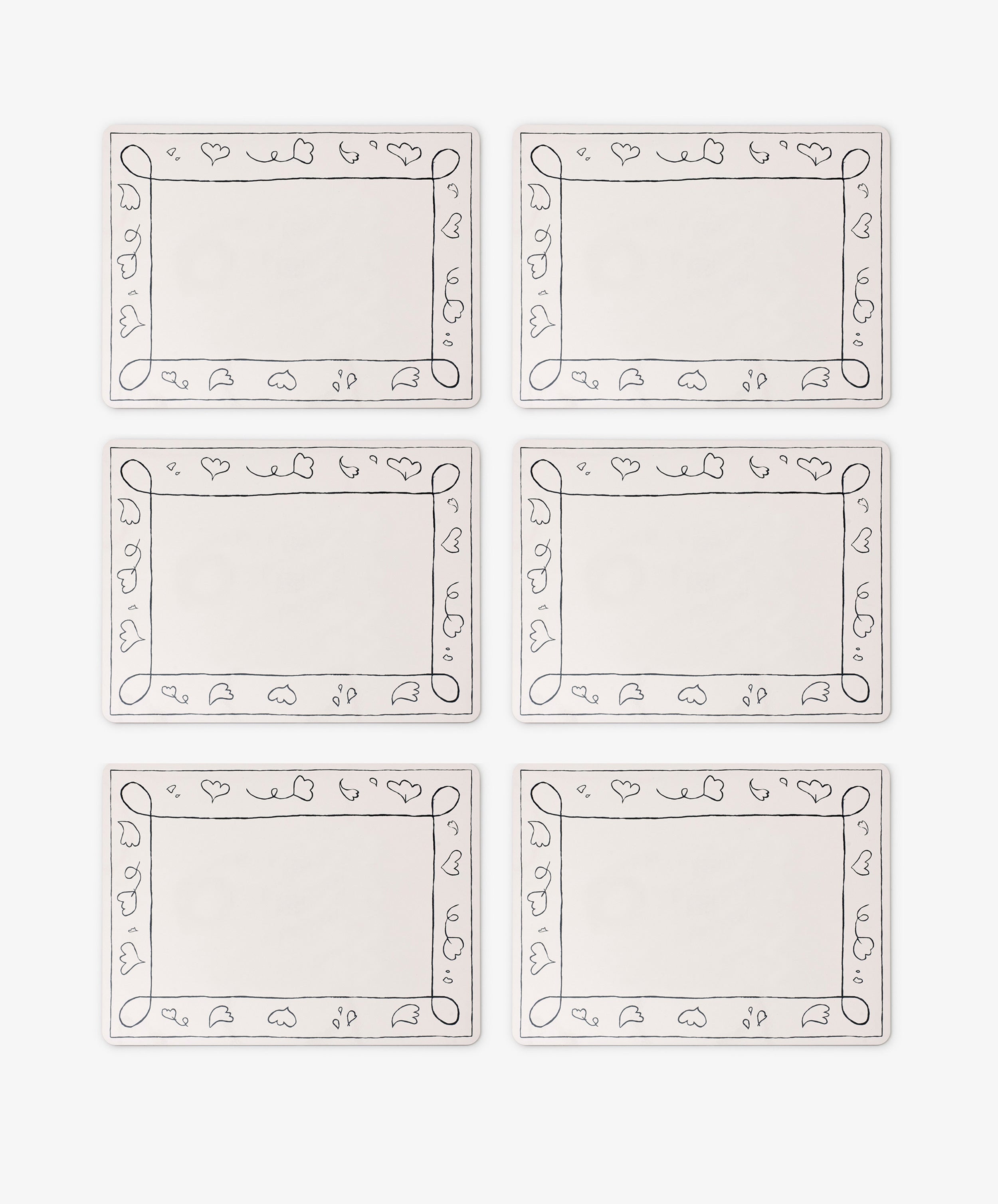 Set of 6 Capriccio Placemats with decorative black loop and leaf borders, arranged in two rows of three on a white background—ideal for stylish table décor from PORTA home.