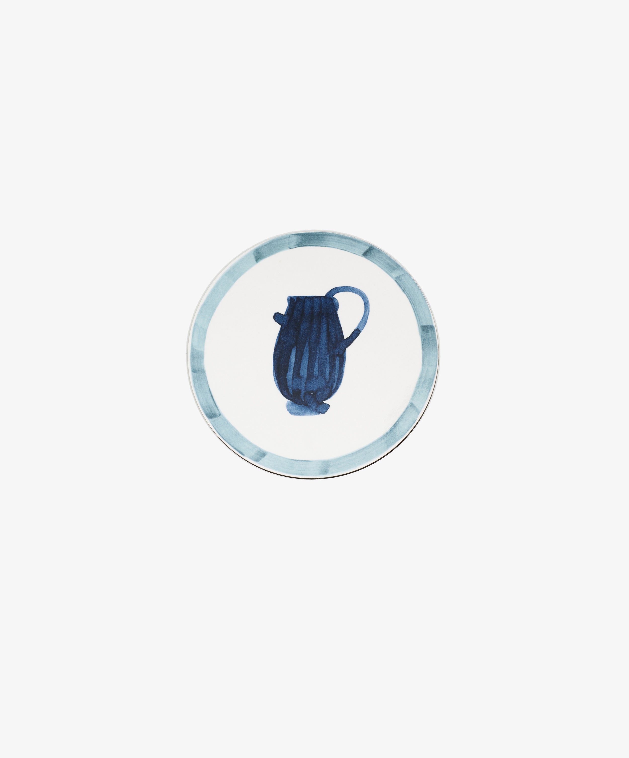 Single round melamine coaster with light blue painted border and blue vessel illustration.