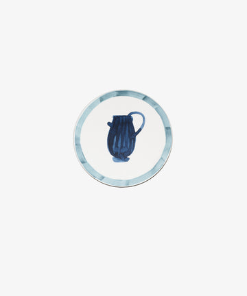 Single round melamine coaster with light blue painted border and blue vessel illustration.