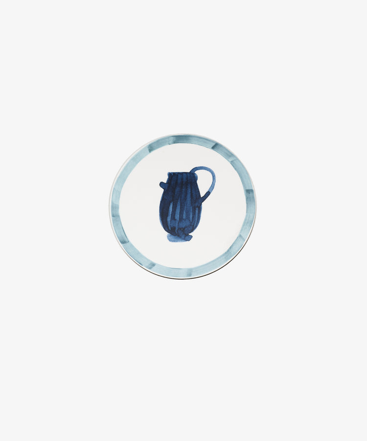 Single round melamine coaster with light blue painted border and blue vessel illustration.