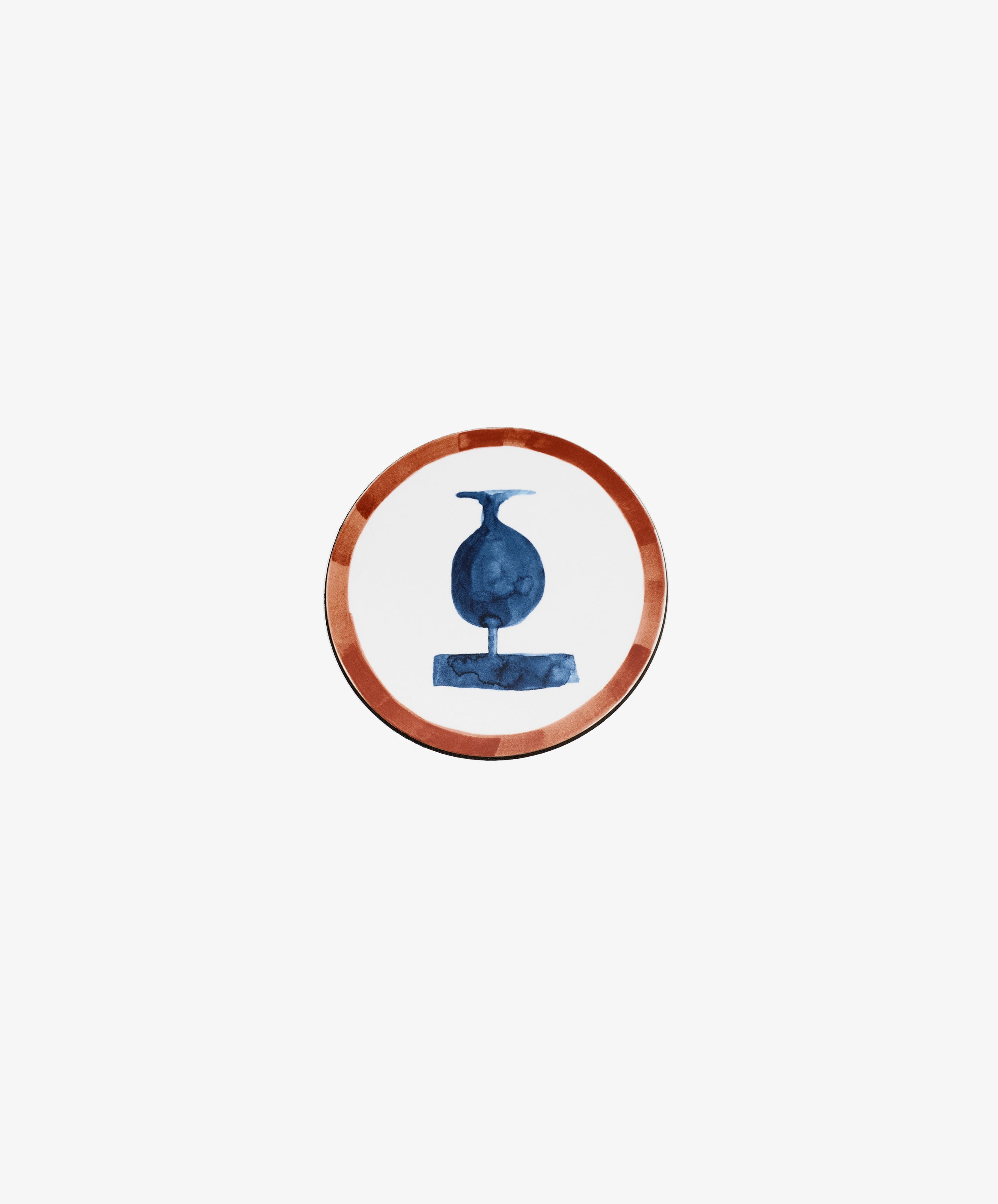 Single round melamine coaster with rust red painted border and blue vessel illustration.