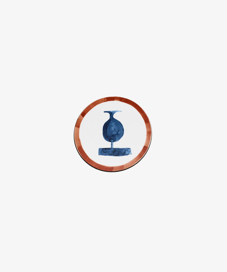 Single round melamine coaster with rust red painted border and blue vessel illustration.