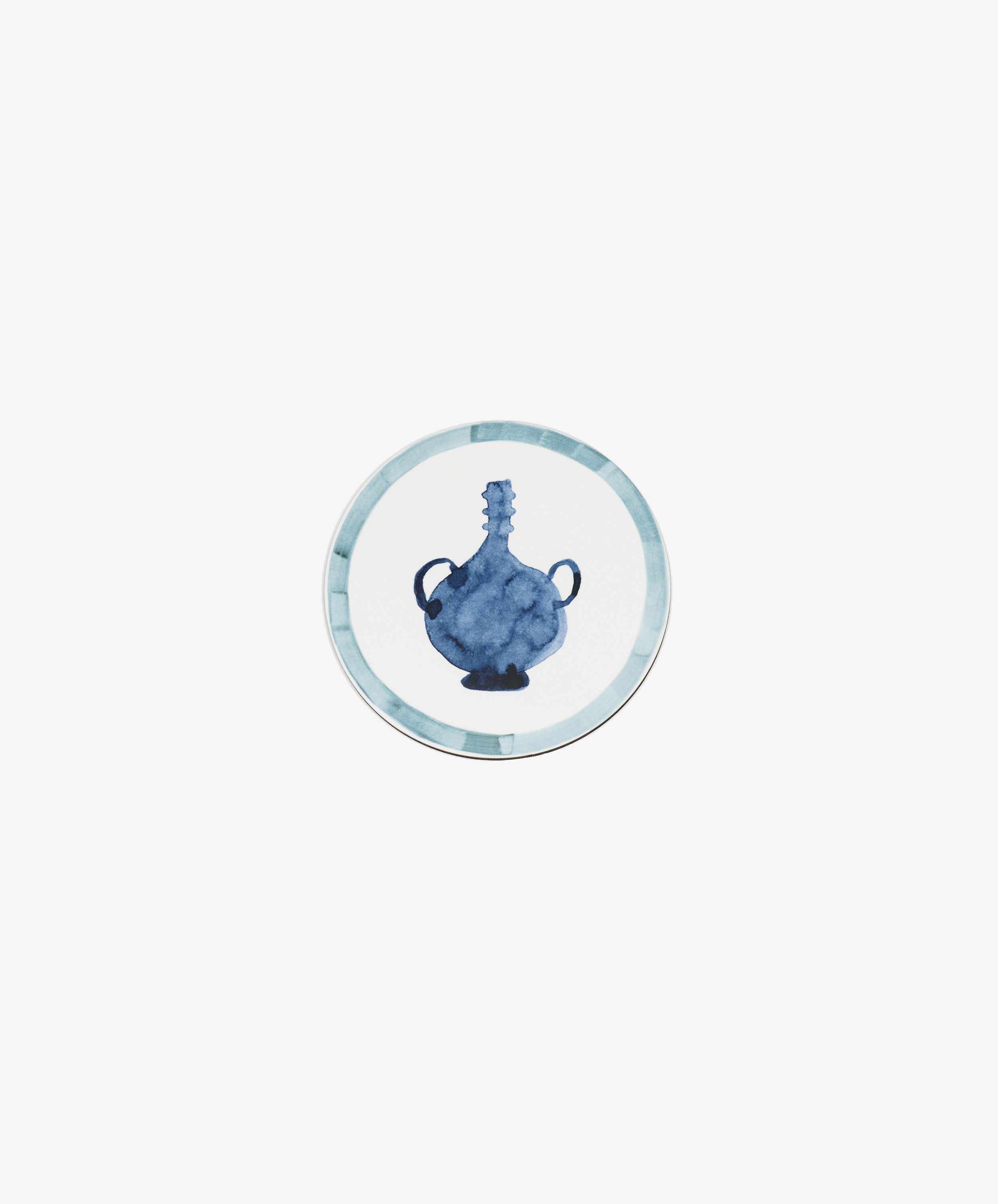 Single round melamine coaster with light blue painted border and blue vessel illustration, alt.