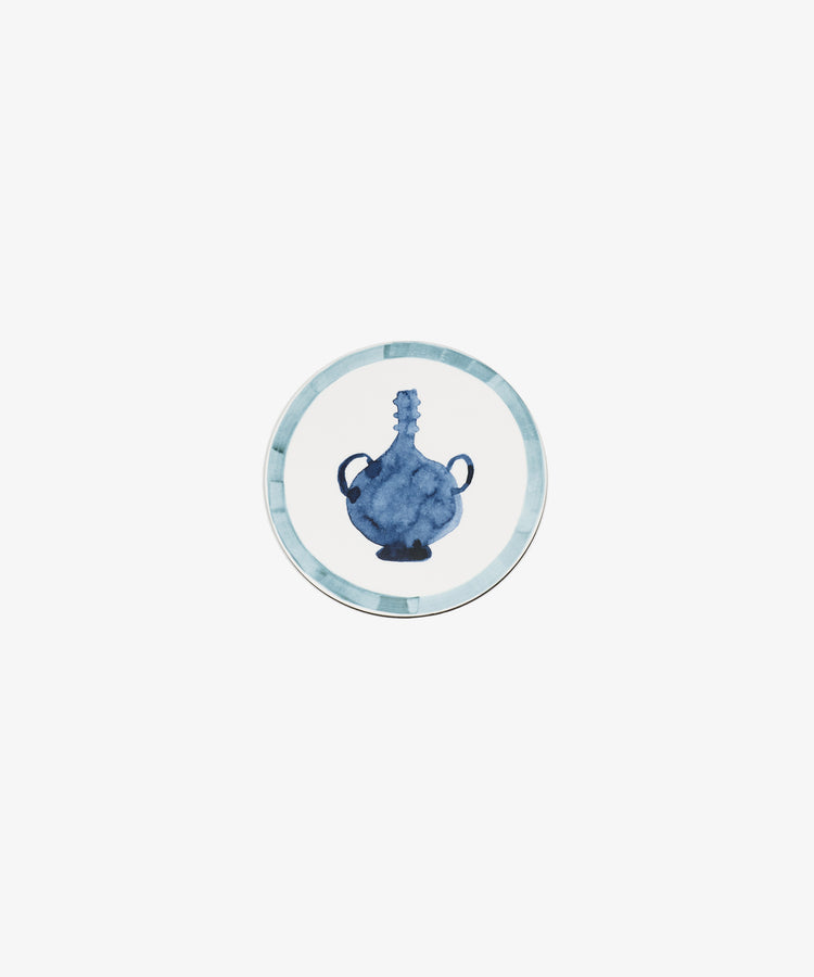 Single round melamine coaster with light blue painted border and blue vessel illustration, alt.