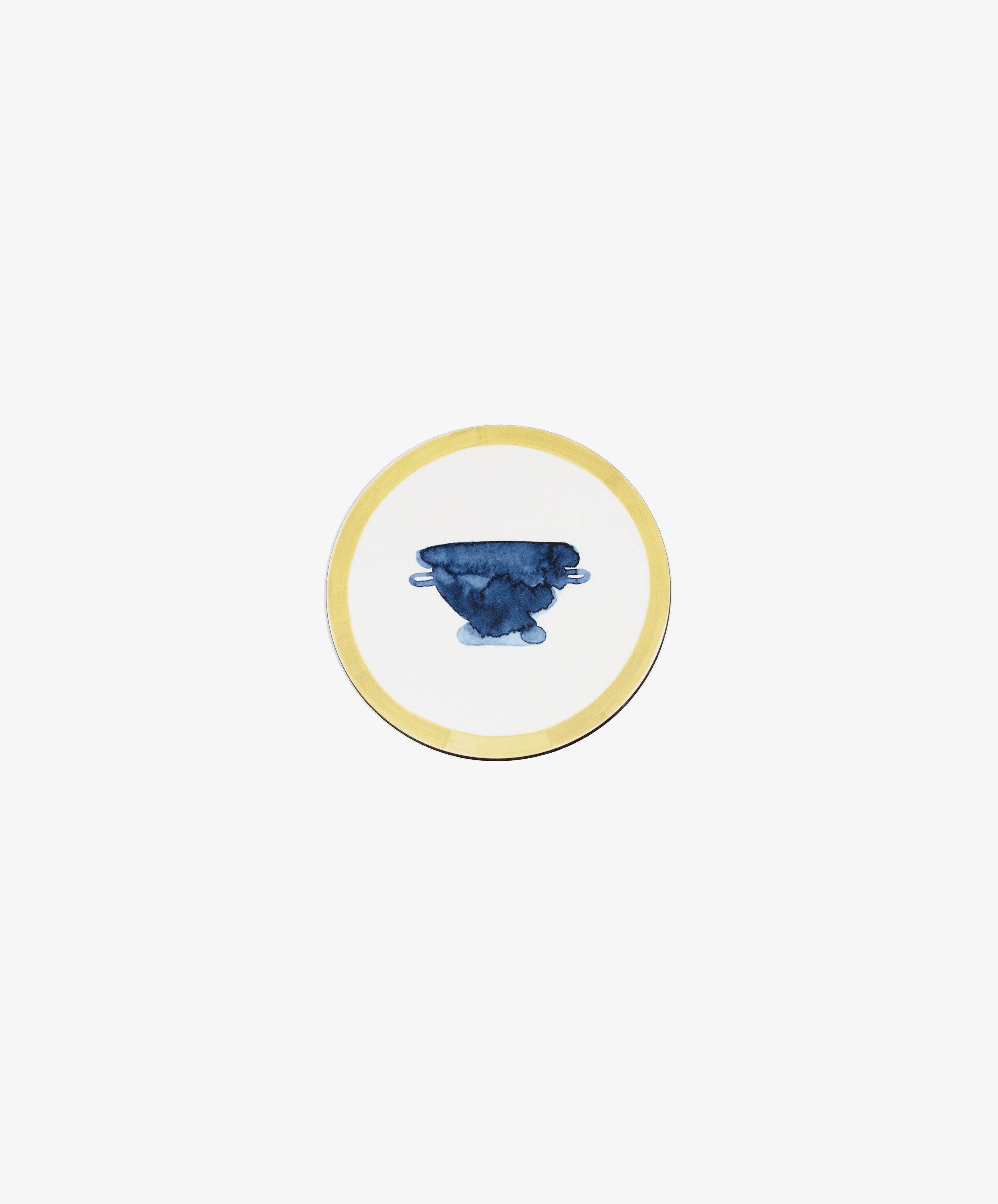 Single round melamine coaster with yellow painted border and blue vessel illustration, alt.