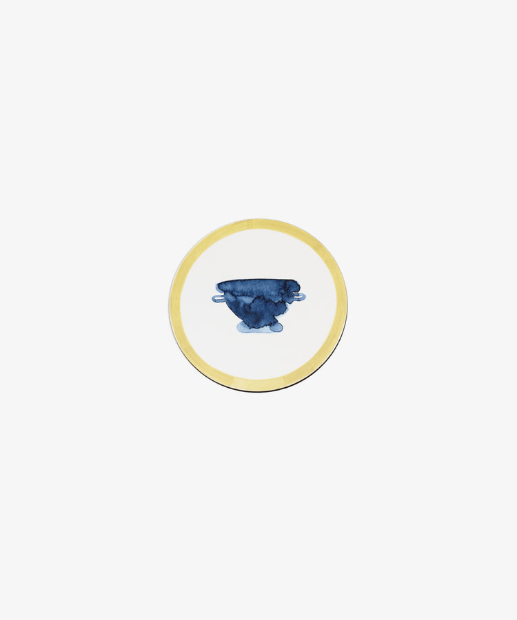 Single round melamine coaster with yellow painted border and blue vessel illustration, alt.