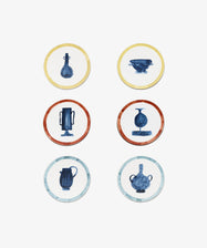 Kalokairi Coaster. Grid of 6 round melamine coasters in white with various color borders and blue vessel illustrations