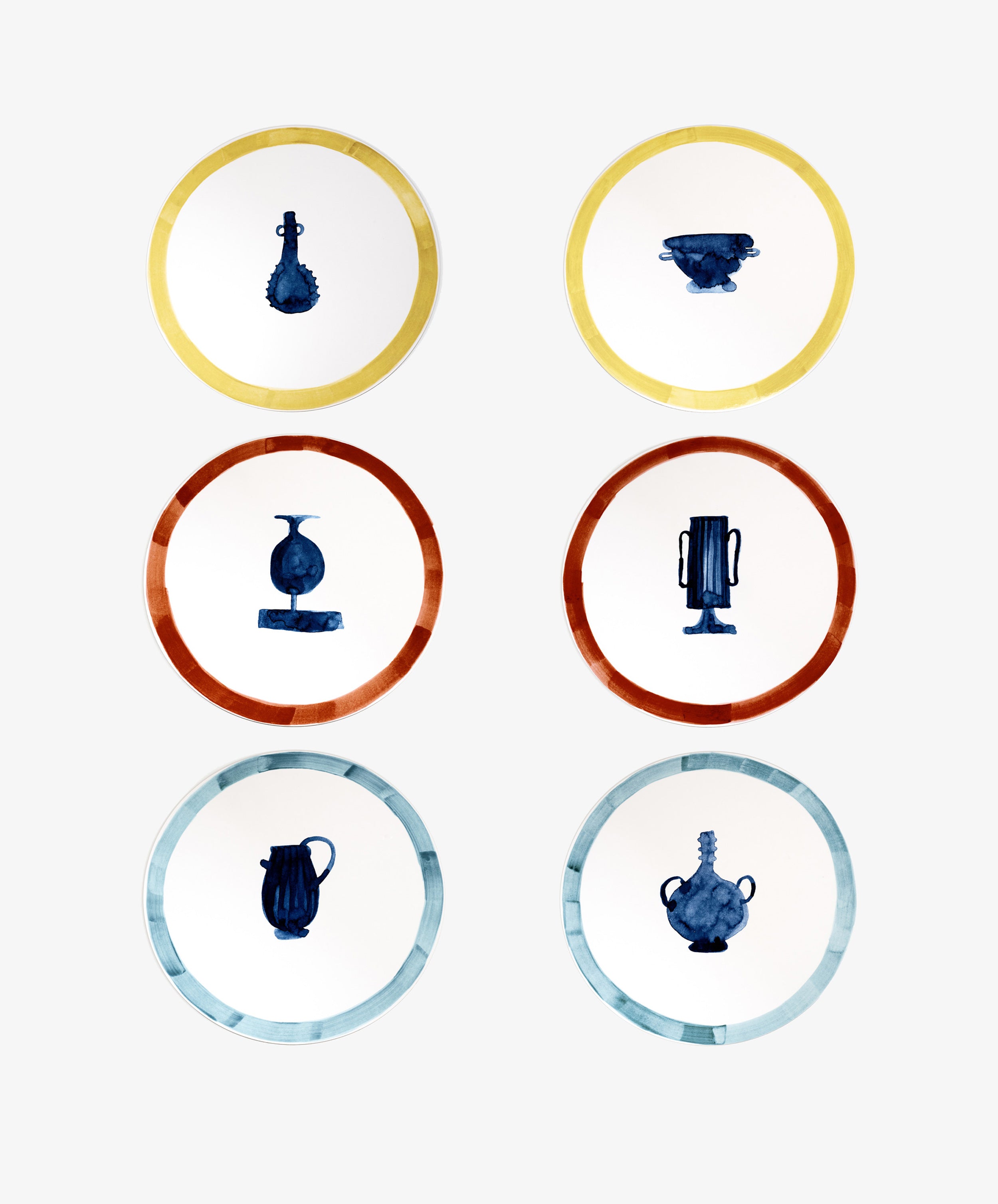 Kalokairi Placemat. Grid of 6 round melamine mats in white with various color borders and blue vessel illustrations