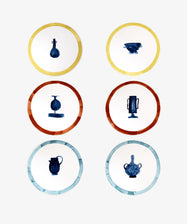 Kalokairi Placemat. Grid of 6 round melamine mats in white with various color borders and blue vessel illustrations